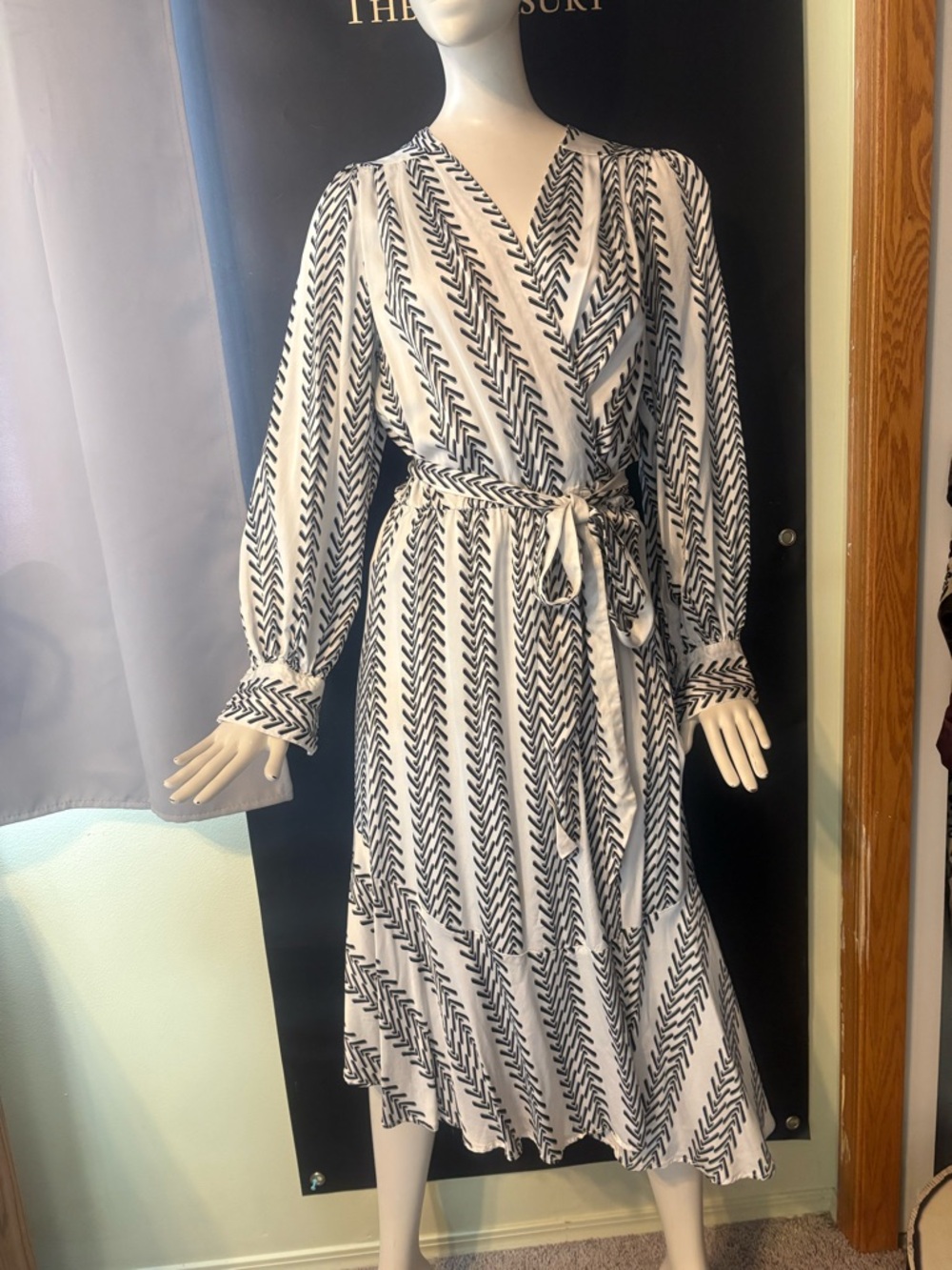 Brigitte Herskind Black and White Printed Wrap Midi Dress with Tie Waist